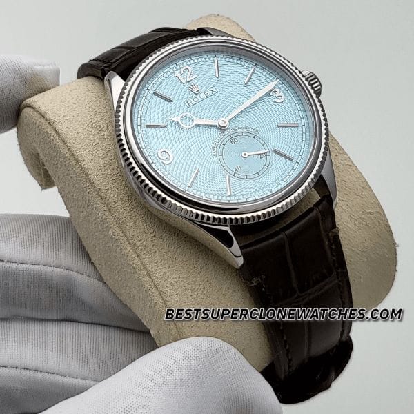 High-quality replica Rolex 1908 with unique ice blue dial, alligator strap, and platinum case
