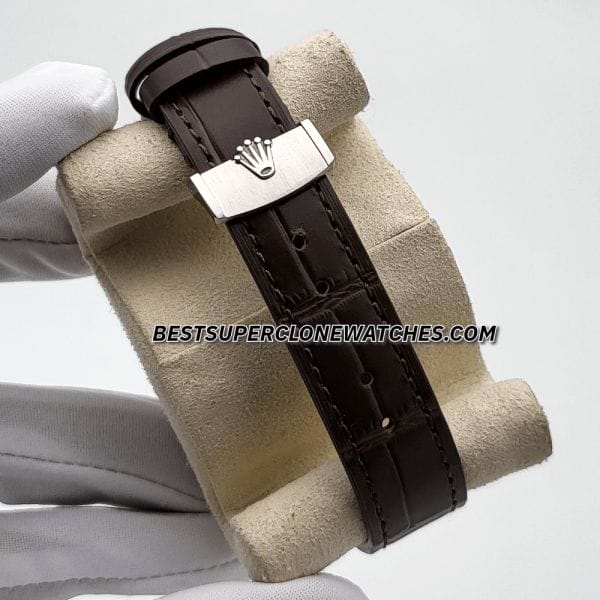 Swiss super clone Rolex 1908 platinum case with ice blue dial and luxurious alligator leather strap
