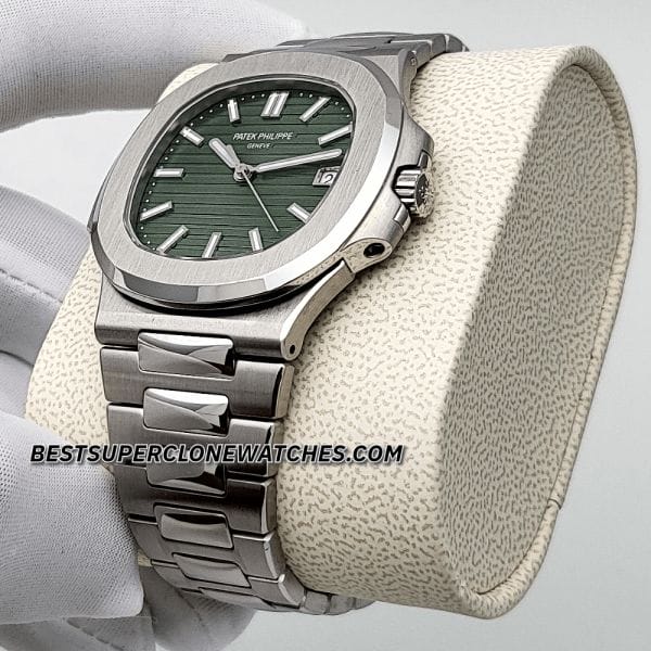Side view of rose gold-colored case of the super clone Patek Philippe Nautilus