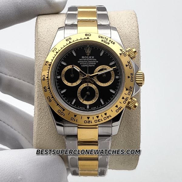 Replica Rolex Daytona featuring 4131 clone movement and two-tone yellow Rolesor with black dial