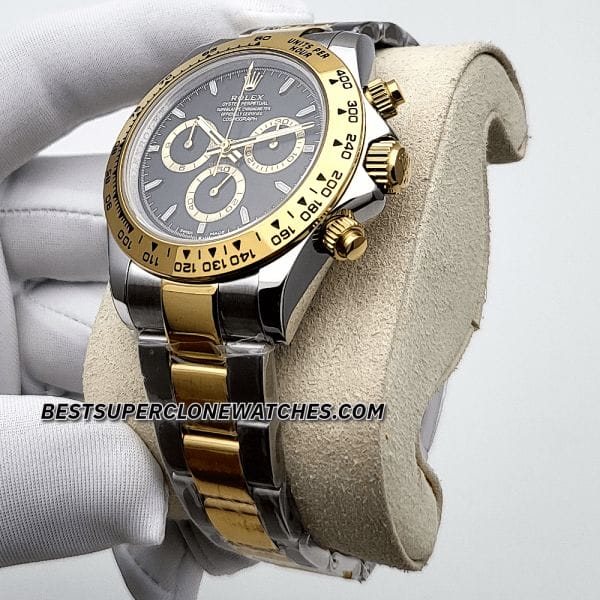 Close-up of Rolex Daytona super clone showing black dial with chronograph subdials