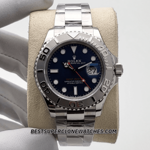 High-quality replica Rolex Yacht-Master with Oystersteel and platinum case, bright blue dial, and luminous markers