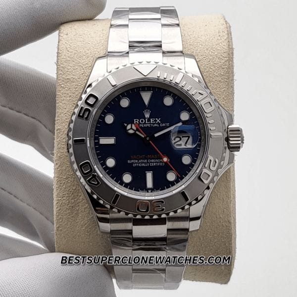 High-quality replica Rolex Yacht-Master with Oystersteel and platinum case, bright blue dial, and luminous markers