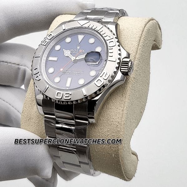 Swiss super clone Rolex Yacht-Master 126622 with Oystersteel and platinum case, featuring a striking blue dial design
