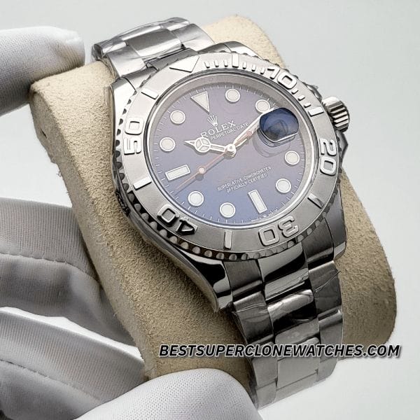 Fake Rolex Yacht-Master watch with Oystersteel case, platinum bezel, bright blue dial, and 3235 movement replica