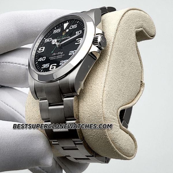 Super clone Rolex Air-King 126900 featuring black dial with white numerals and stainless steel case