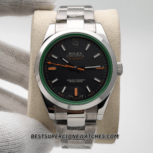 Replica Rolex Milgauss 116400GV with black dial and domed bezel, featuring 3131 movement clone