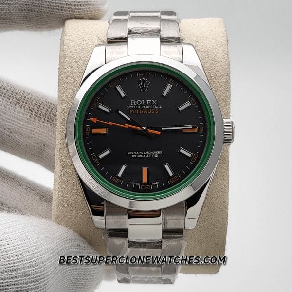 Replica Rolex Milgauss 116400GV with black dial and domed bezel, featuring 3131 movement clone