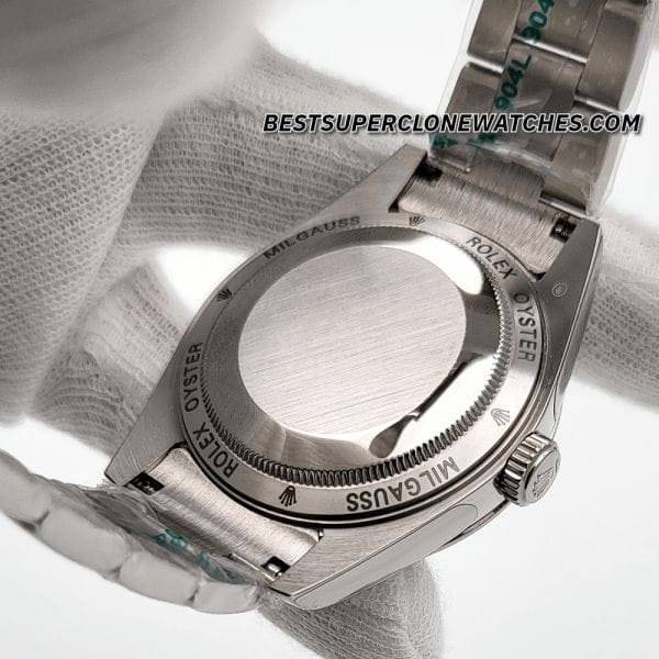 Fake Rolex Milgauss watch with black dial, orange lightning bolt second hand, and domed bezel