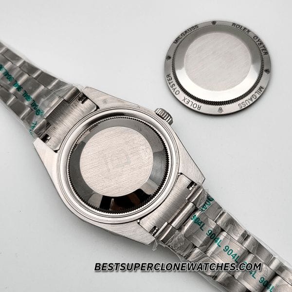 Super clone Rolex Milgauss 116400GV with black dial, polished stainless steel case, and green sapphire crystal
