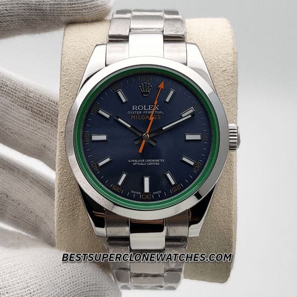 Super clone Rolex Milgauss 116400GV with distinctive blue dial and green sapphire crystal