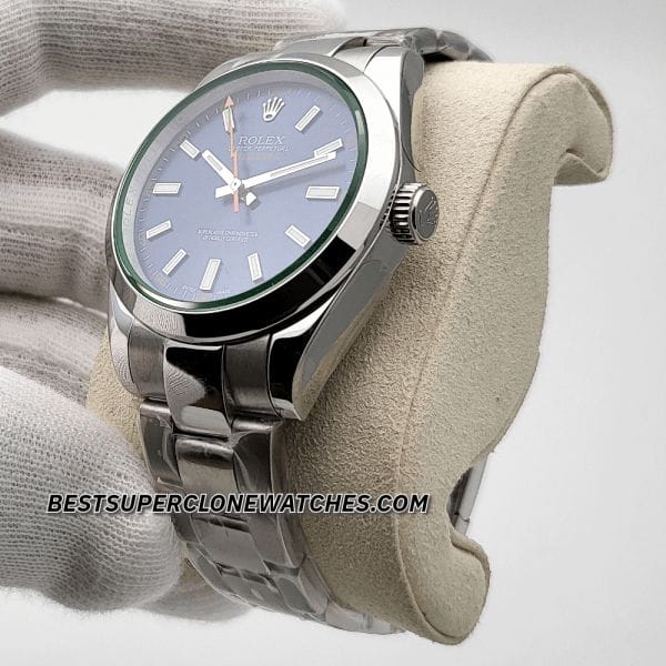 Replica Rolex Milgauss 116400GV with blue dial and domed bezel, featuring 3131 movement clone