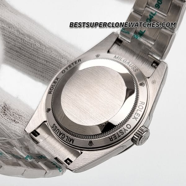 High-quality replica Rolex Milgauss 116400GV featuring luminous markers and smooth domed bezel