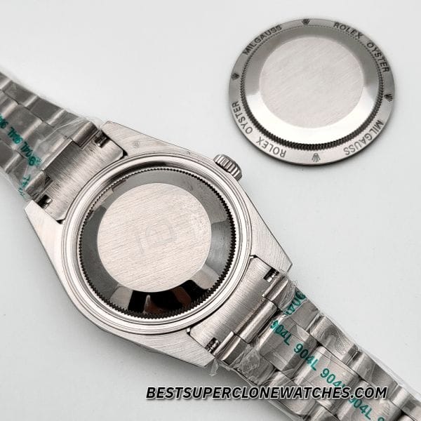 Fake Rolex Milgauss watch with blue dial, domed bezel, and polished stainless steel case