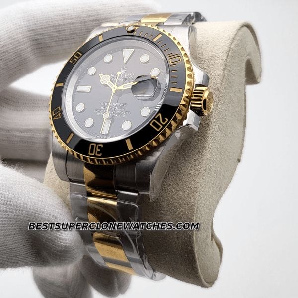 Side profile of Swiss-made replica Submariner with polished gold center links