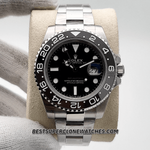 Close-up of Rolex GMT Master II super clone with black dial and oystersteel bracelet