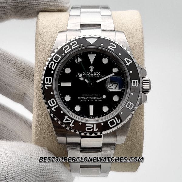 Close-up of Rolex GMT Master II super clone with black dial and oystersteel bracelet