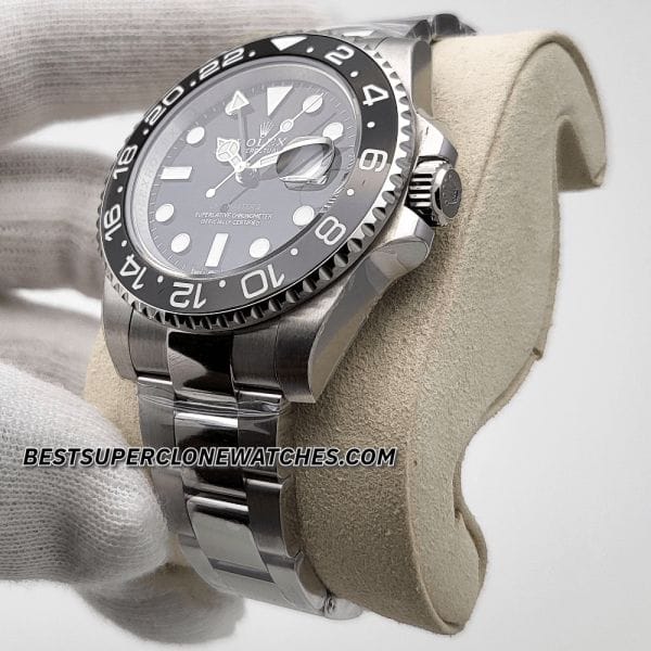 Luxury fake Rolex GMT Master II with classic black dial and cyclops date magnifier