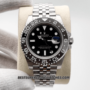 Swiss super clone Rolex GMT Master II featuring polished oystersteel case and black dial