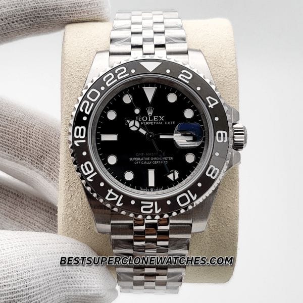 Swiss super clone Rolex GMT Master II featuring polished oystersteel case and black dial
