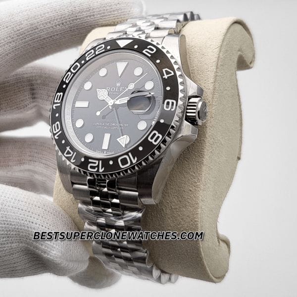 Replica Rolex GMT Master II with 3285 clone movement and black dial on jubilee bracelet