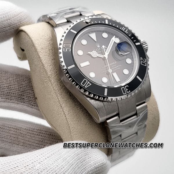 Detailed view of the fake Rolex Submariner Ref-126610LN with black dial, stainless steel case, and Swiss 3235 movement—premium super clone.