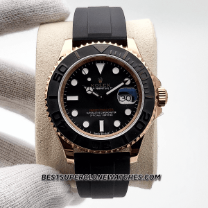 Swiss super clone Rolex Yacht-Master 126655 with Everose gold and black bezel paired with Oysterflex strap