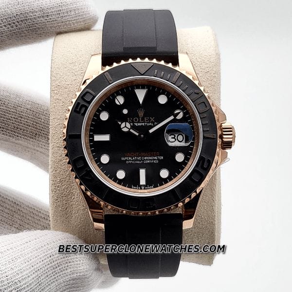 Swiss super clone Rolex Yacht-Master 126655 with Everose gold and black bezel paired with Oysterflex strap