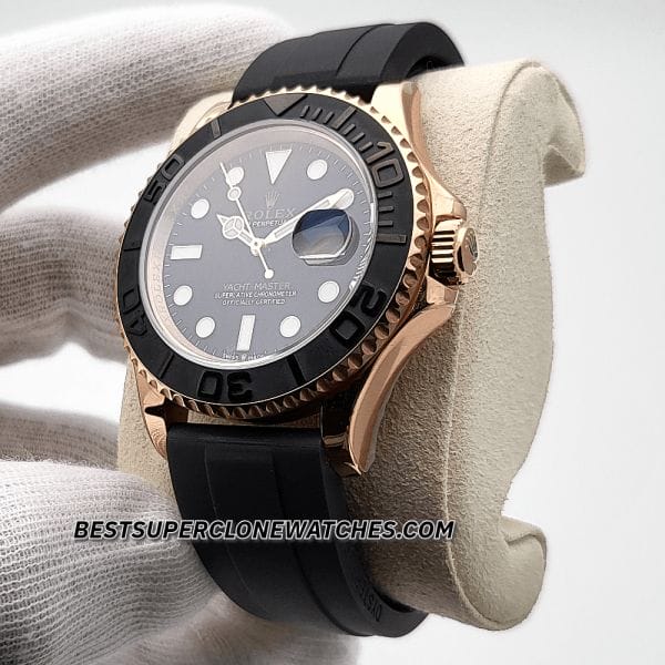 Fake Rolex Yacht-Master watch with luxurious Everose gold case, black dial, and 3235 movement imitation