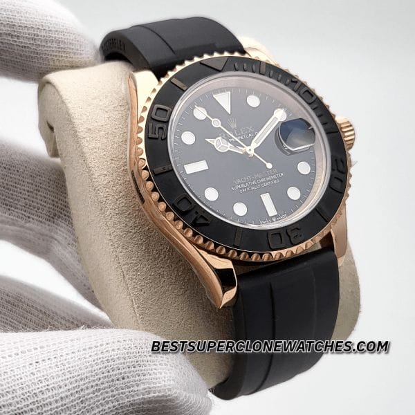 Super clone Rolex Yacht-Master 126655 with Everose gold bezel, black dial, and durable Oysterflex rubber strap
