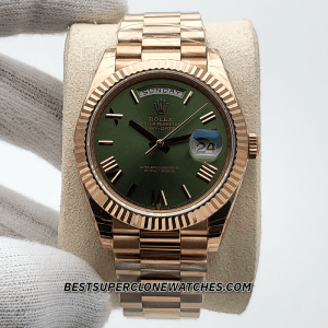 Olive green dial Rolex Day-Date super clone with polished Everose gold presidential bracelet