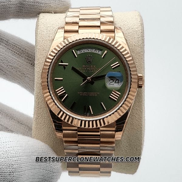 Olive green dial Rolex Day-Date super clone with polished Everose gold presidential bracelet