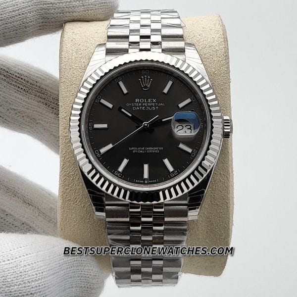 Replica Rolex Datejust 126334 with Oystersteel and white gold, bright black dial, and 3235 movement