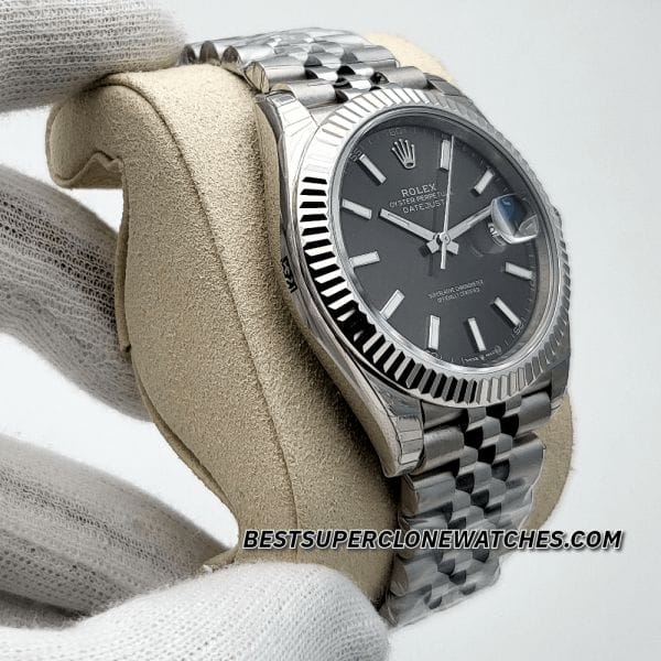 Side view of super clone Rolex Datejust 126334 with Oystersteel, white gold bezel, and bright black dial