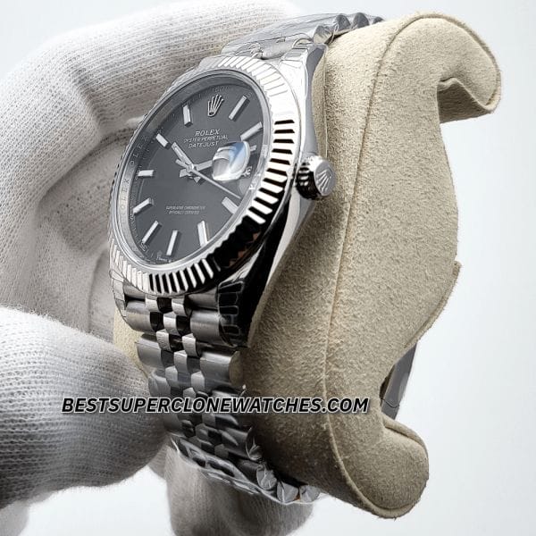 Close-up of fake Rolex Datejust 126334 with Oystersteel and white gold case, showcasing the black dial