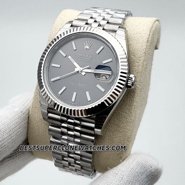 Swiss super clone Rolex Datejust 126334 with Oystersteel, white gold, and striking black dial design
