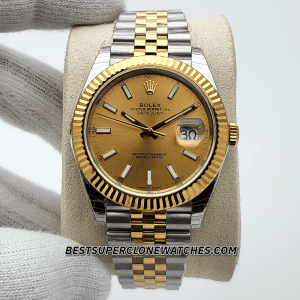 Fake Rolex Datejust Ref-126333 with a champagne-coloured dial, Oystersteel and yellow gold construction—super clone version of the classic design.