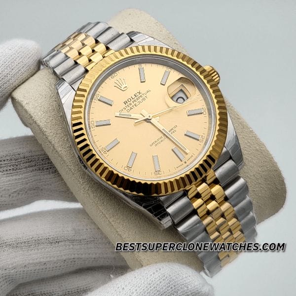 Fake Rolex Datejust Ref-126333, super clone with champagne-colour dial, Oystersteel bracelet, and yellow gold bezel—an excellent replica.