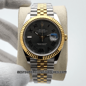 The Rolex Datejust Ref-126333 super clone featuring yellow gold bezel and slate dial, a premium fake watch design.