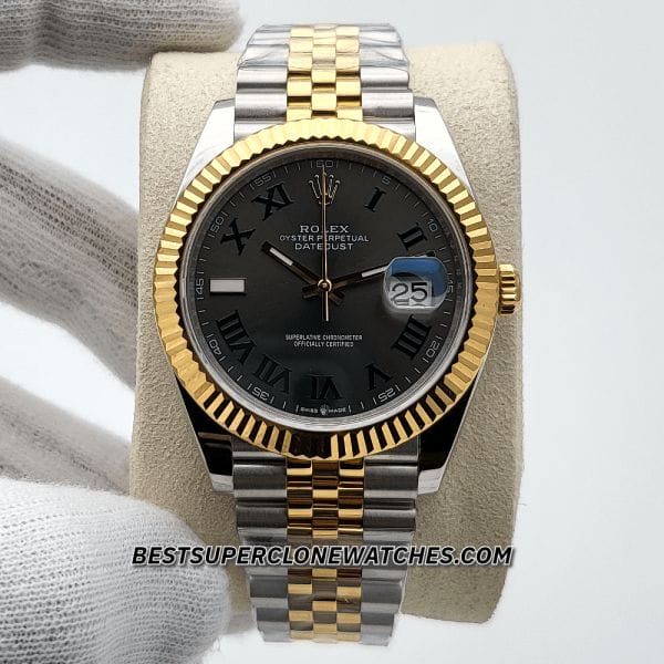 The Rolex Datejust Ref-126333 super clone featuring yellow gold bezel and slate dial, a premium fake watch design.