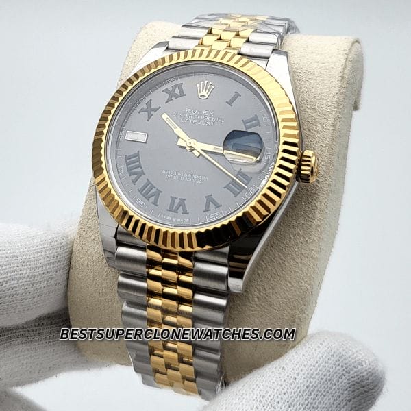 Fake Rolex Datejust 3235, super clone with Oystersteel and yellow gold design, paired with a striking slate dial—precise replica.