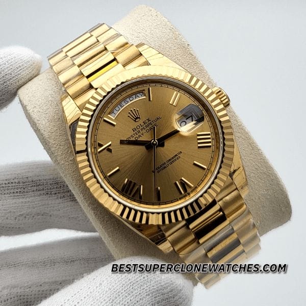 Swiss-made super clone of Rolex 228238 with sapphire crystal and gold presidential bracelet
