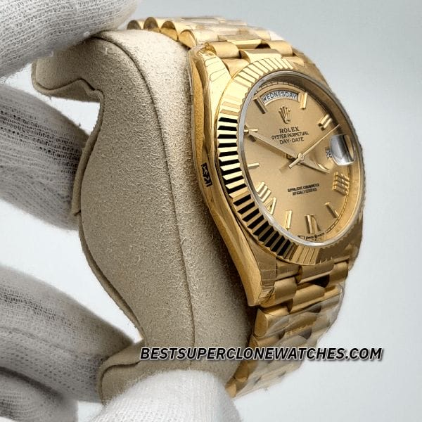 Close-up of Rolex Day-Date super clone with gold case and champagne-colour roman numeral dial