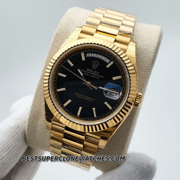Rolex 228238 Swiss replica watch featuring gold presidential bracelet and sapphire crystal