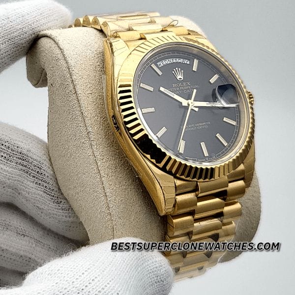 Black dial Rolex Day-Date super clone with roman numeral hour markers in gold