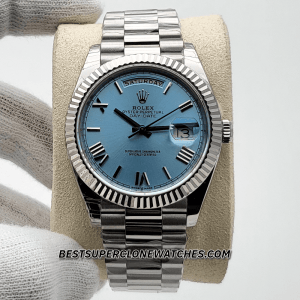High-quality replica of Rolex Day-Date watch featuring 3255 movement and fluted bezel