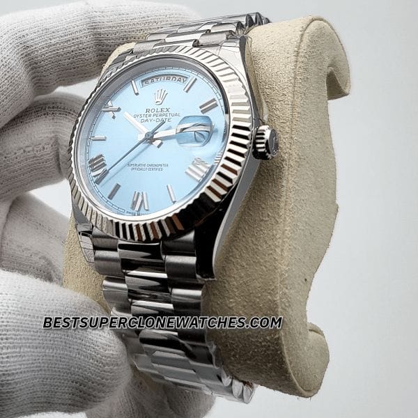 Rolex Day-Date 228236 Swiss super clone with platinum finish and ice blue dial