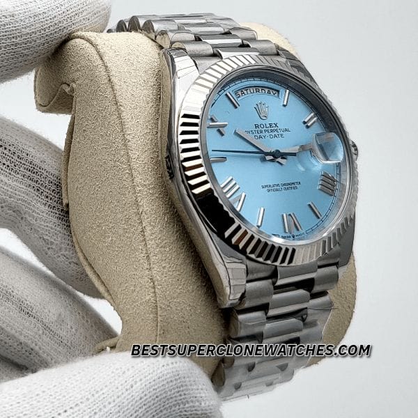 Side view of Rolex Day-Date 228236 super clone showing presidential bracelet links
