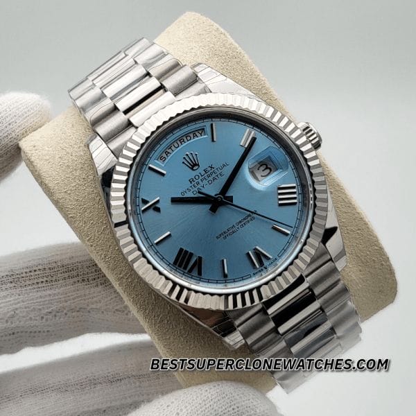 Ice blue dial Rolex Day-Date Swiss clone with polished platinum-colored finish