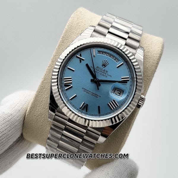 Luxury replica Rolex Day-Date 228236 with day and date display in ice blue dial